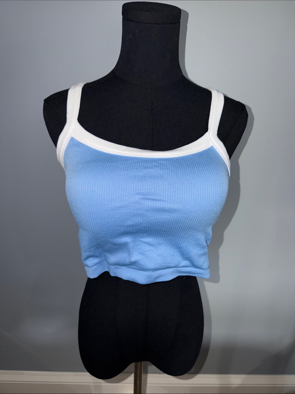 90 Degree By Reflex Light Blue Ribbed Crop Tank with White Trim